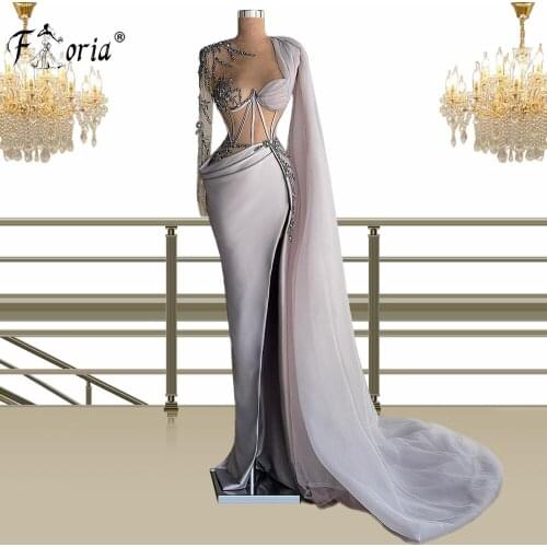 Long Mermaid Evening Dresses 2021 Sexy High Slit Beaded Sheer Top Long Sleeve Woman Satin Evening Party Gowns