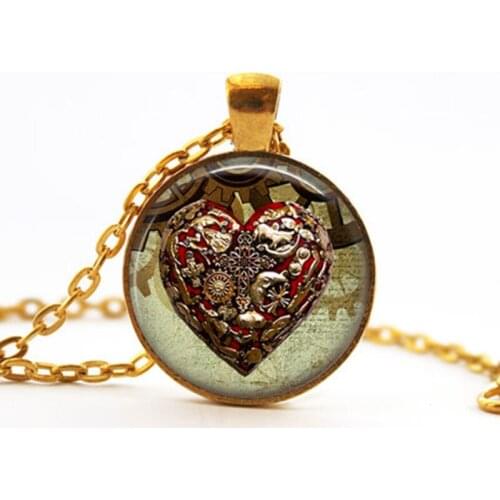 Steampunk Love Art Picture Glass Pendant Heart Necklace Fashion Women Jewelry Valentines Gift Hear Lock necklace