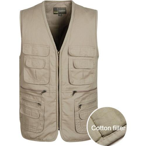 Autumn Winter 100% Cotton Fillers Thick Vest Mens Casual Warm Waistcoat with Many Pockets Male Sleeveless Jackets Plus Size 4XL