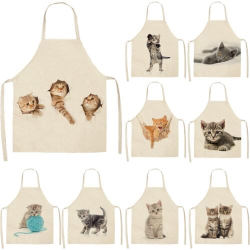 1Pcs Lovely Cat Pattern Kitchen Apron for Women Cotton Linen Bibs Household Cleaning Pinafore Home Cooking Aprons 53*65cm