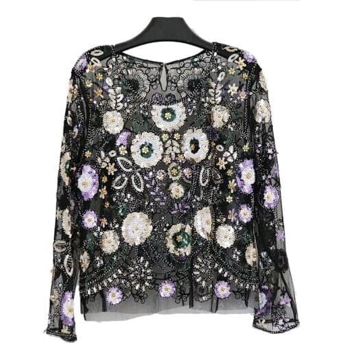 2019 Female Fashion Tops Sexy Party Beaded Sequin Blouses European Runway Style Long Sleeves Shiny Shirts Halloween Costumes