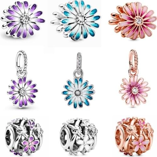 2021 New S925 Silver Charm Fit Original Pandora Bracelet pouple daisy flower charms women DIY beads