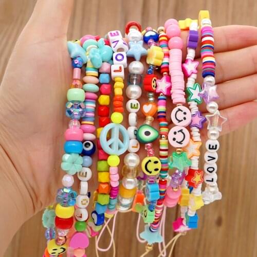 2021 Women Smiley Telephone Jewelry Colorful Star Beaded Strap Pendants For Mobile Chain Phone Charm Beads Lanyard