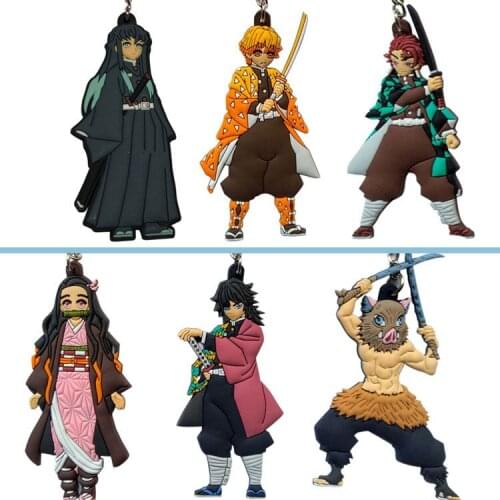 24PCS Demon Slayer plastic Keychains kimetsu no yaiba Key Chains Kamado Tanjirou Cosplay Pompom Yaiba Keyrings Pendant