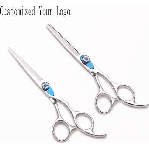 6" 17.5cm Customized Logo Blue Screw Barber Hop C1115 62HRC Cutting Scissors Thinning Shears Professional Hairstyle Hair Scissor