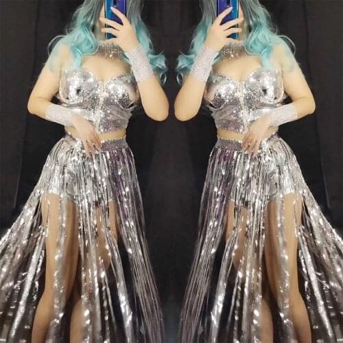 Shining Silver Sequin Sleeveless Bustier Strapless Top Vest Sparkling Long Tassel Shorts Women Singer Performance Costume