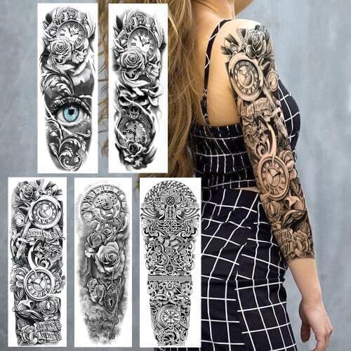 Black Full Arm Fake Temporary Tattoos For Women Men Sketch Rose Clock Tattoo Sticker Waterproof Realistic 3D Eye Tatoos Body Art
