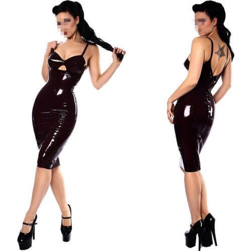 Adult Women Sexy Wet Look Black Faux Leather PVC Sling Bodycon Dress Clubwear