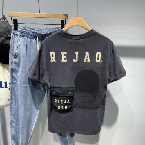 Mens T Shirt Summer Pocket Short Sleeve O Neck Letter Print Japan Style Oversized Loose Hip Pop Harajuku Cotton Male Tops Vogue