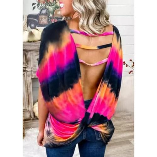 Hollow Out T-shirts Women Harajuku Gothic Tie Dye Short Sleeve Female Casual Tops O-Neck Female Streetwear Backless Oversized