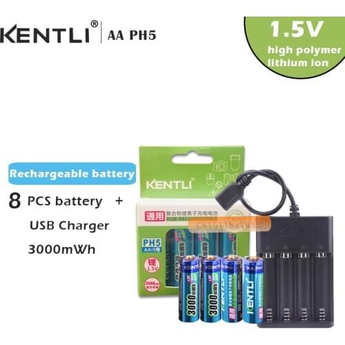 KENTLI 8pcs 1.5v 3000mWh Li-polymer li-ion polymer lithium rechargeable AA battery + 4 slots USB smart Charger