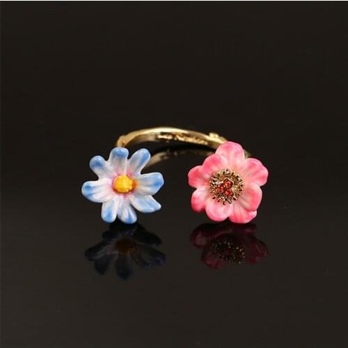 Korean version of the net red temperament two-color flower open ring enamel color glaze large size ins forest ring female trend