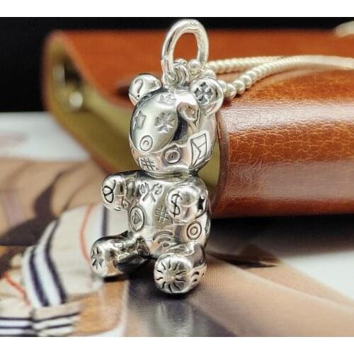 100% s925 sterling silver bear pendant trendy Hong Kong style men and women tide brand handmade smooth graffiti bear pendant