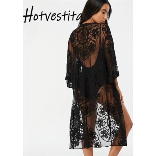 Hotvestita Beach Outer Cover Women Sexy Lace Embroidered Bandage Robes Bikini Midi Dresses Sunscreen Sarong Beach Veil Cardigan