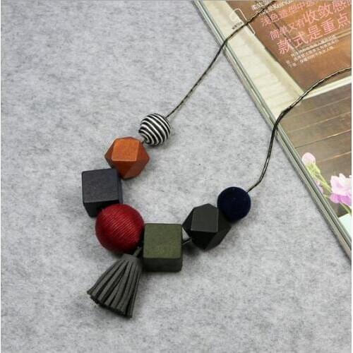 New Cute Tassel Wood Round Ball Pendant Long Women Sweater Necklace Snake Chain Fashion Jewelry Clothes Accessories