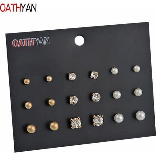 OATHYAN 9 Pairs/Set Fashion Womens Rhinestone Stud Earrings Set Mix Girl Gift Jewelry Trendy Round Ball Simulated Pearl Earring