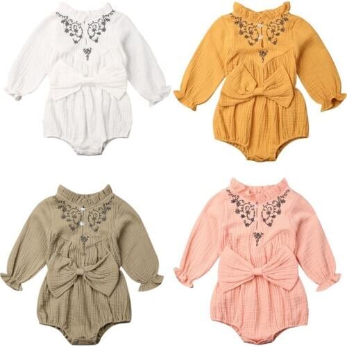Newborn Baby Girl Clothes Autumn Long Sleeve Bowknot Romper Fashion Baby Girls Cotton Linen Jumpsuit Overall One-piece Outfits