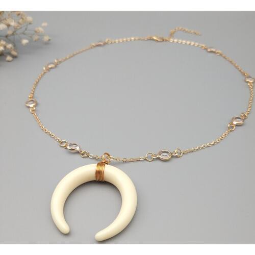 Vintage Rhinestone Beads Gold Color Alloy Chains Choker Collares Acrylic Moon Pendant Neckalces for Women Fashion Jewelry B0005