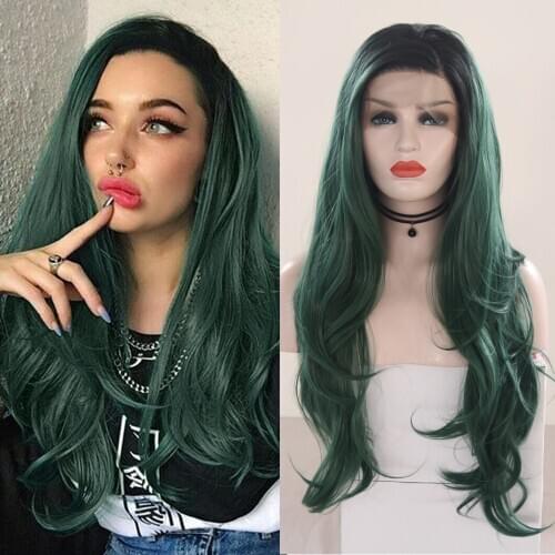 QUINLUX WIGS Synthetic Lace Front Wigs For Black Women Ombre Green Wavy Hair With Side Parting Heat Fiber Hair Cosplay Game