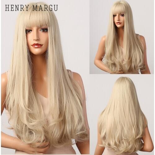HENRY MARGU Lolita Platinum Blonde Wigs with Bangs Long Natural Wavy Synthetic Wigs for Women Cosplay Party Heat Resistant Hair