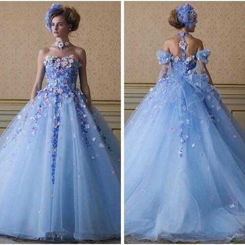 Ice Blue Color Flowers Appliques Prom Dresses Evening Gowns Detachable Strap Tulle A-Line Princess Garden Quinceanera Dress