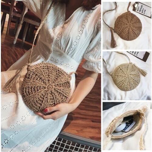 Rattan Woven Round Women Straw Bag Handbag Knit Summer Beach Bag Woman Shoulder Messenger Bag Tassel Khaki Beige Bags