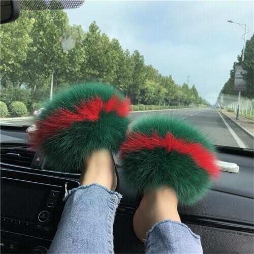 Womens Colorful Fox Fur Slippers Ladies Furry Fur Slides Female Cute Sandals Girls Fashion Plush Flip Flops Fluffy House Shoes