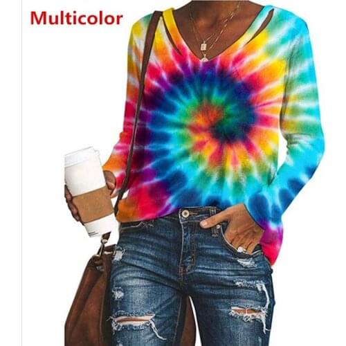 Women Clothing Ladies Fashion Long Sleeve Tie Dye Print T Shirts Casual V-neck Tops Blouse