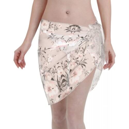 Women Beach Bikini Cover Up Vintage Pink Floral Wrap Skirt Sarong Scarf Beachwear Bathing Suit Beachwear Swimsuits