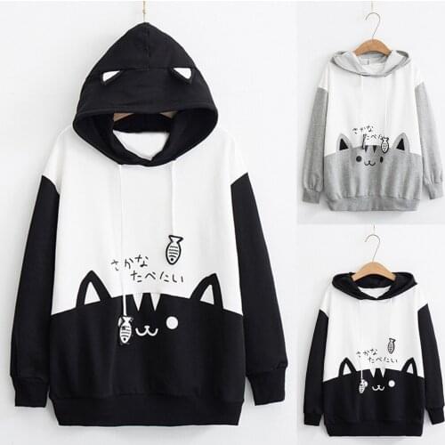 S-2XL Womens Casual Long Sleeve Cute Cat Dried pet fish Printed Pocket Thin Hoodie Top Pullover Casual Comfortable Autumn Shirt