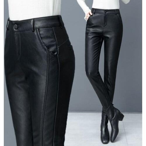 Skinny Imitation Leather Pants Womens Close-fitting Faux Sheepskin Leather Pants OL Show Slim Leggings Pencil PU Pants Of Boots