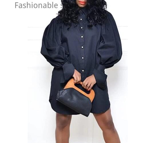 Women Chic Turn Down Collar Button Design Lantern Sleeve Shirt Dress Plus Size