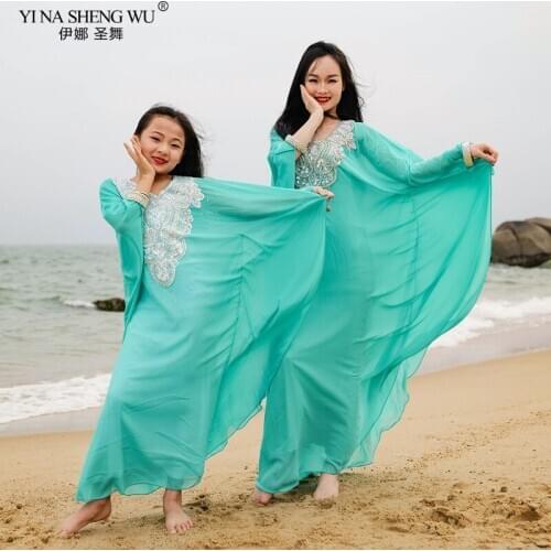 Kids Adult Belly Dance Costumes Long Loose Robe Performance Oriental Dance Swing Tribal Khaleegy Skirt Women Girls Dress Wear
