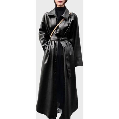 Women Autumn Winter Single Breasted Long Faux PU Leather Trench Coat Long Sleeve Turn Collar Coat Outerwear With Belt