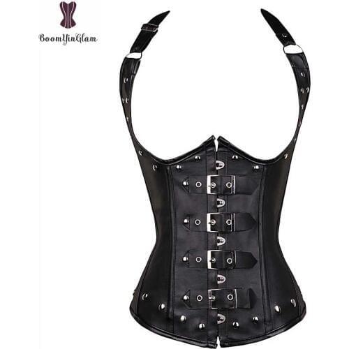 Underbust Vest Synthetic Leather Corset Top Plus Size Rivet Decoration Front Buckle Closure Black Red Corselet Sexy Hot Bustier
