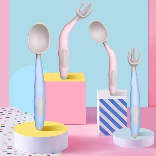 2Pcs/Set Baby Fruit Fork Spoon Set Cute Cartoon Baby Training Spoon Fork Tableware Set Curved Bending Baby Utensil Sets