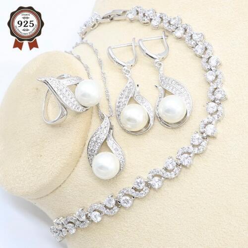 White Pearl Silver Color Jewelry Set for Women White Zircon Bracelet Earring Necklace Pendant Ring Birthday Gift