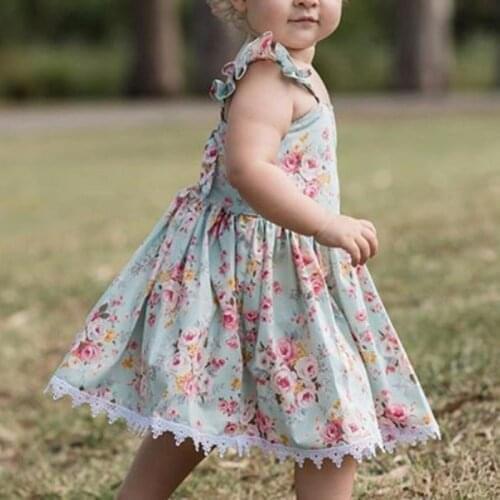 Girl Flower Clothing Kids Baby Girls Clothes Lace Sling Floral Printing Party Dress Small Fresh Princess Dress Summer Knee Dress