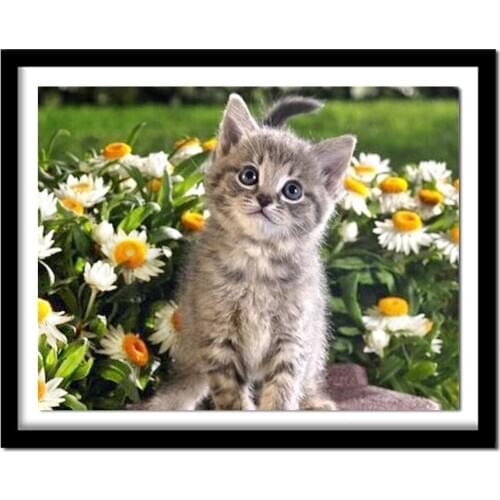 DIY 5D Diamond Painting Tabby Kitten and Daisy Flowers Pattern Rhinestones Crystal Handmade Diamond Embroidery Cat