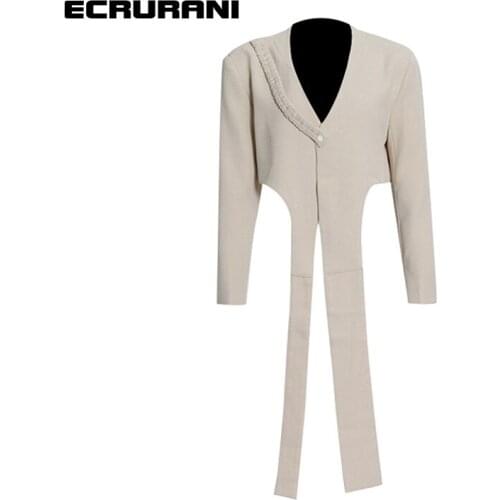 ECRURANI Irregular Coats For Women V Neck Long Sleeve Slimming Single Button Casual Jackets Females Summer Clothing 2021 Stylish