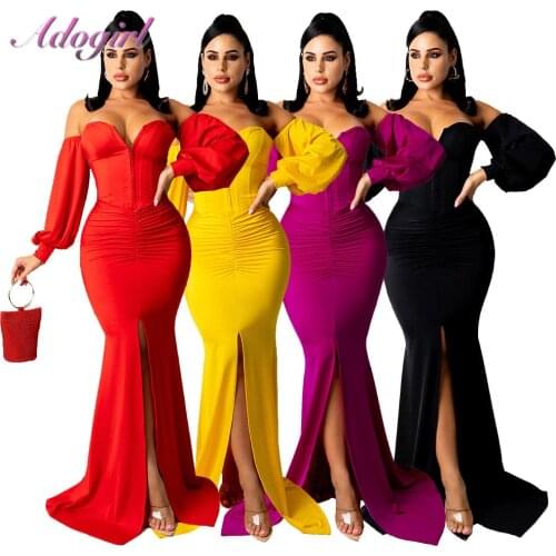 Elegant Strapless Slash Neck Pulf Sleeve Backless Evening Club Maxi Long Dress Women Solid Split On Outfit Floor-Length Vestidos