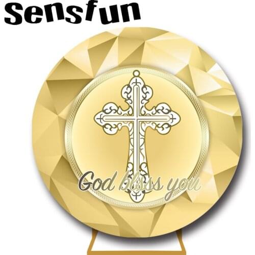 Gold God Bless Cross Kids Baptism Primera Comunión Round Backdrop For Photo Studio Custom Circle Photography Backgroun
