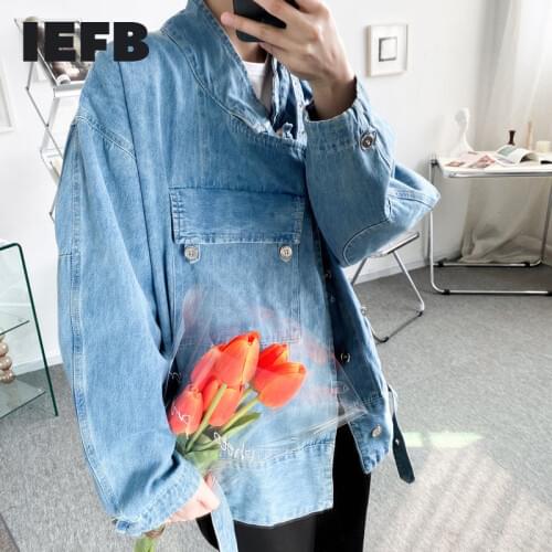 IEFB Spring New Niche Deconstruction Design Slant Placket Personality Korean Loose Denim Jacket Stand Collar Oversize Jeans Coat