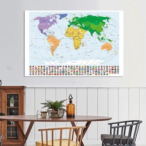 The World Political Map English Language Map with National Flags Non-woven Canvas Painting Wall Poster Home Decor 7*5 Feet