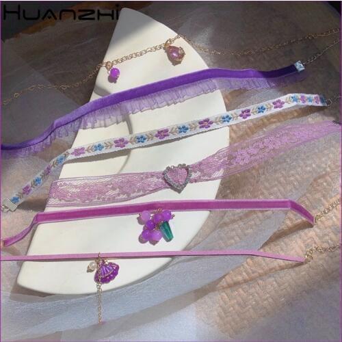 HUANZHI 2020 New Purple Sweet Grape Heart Shell Lace Butterfly Pendant Choker Short Chain Necklace for Women Girls Party