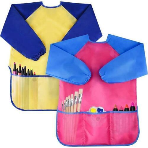 Pack of 2 Kids Art Smocks, Children Waterproof Artist Painting Aprons Long Sleeve with 3 Pockets for Age 2-6 Years