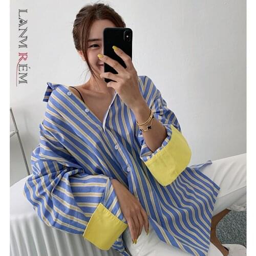 LANMREM Womens Autumn Contrast Striped Shirt Thin Long Bottomed Temperament Fit Fashion Tide Summer 2021 New Arrival 2K2247