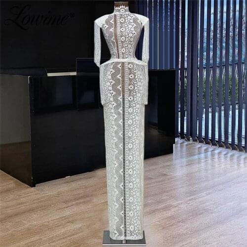 Lowime Lace Illusion Evening Dress Beading Tassel Women Party Gowns Formal Dubai Arabic Customized Plus Size Evening Wear Robes