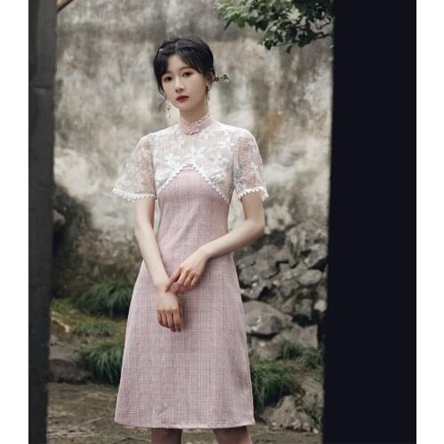 Fashion Cheongsam Chinese National Style Floral Printing Lace Cuff Slim Gentle Dresses Summer Thin Vintage Ladies Qipao Dress