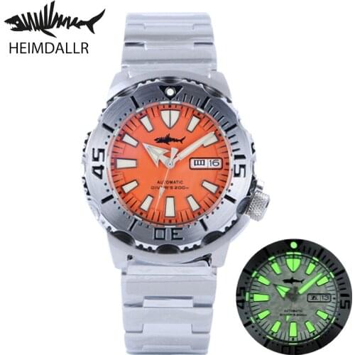 Heimdallr Mens Automatic Watch Orange Dial Sapphire Rotating Bezel NH36 Automatic Movement 200m Stainless Steel Bracelet Lume